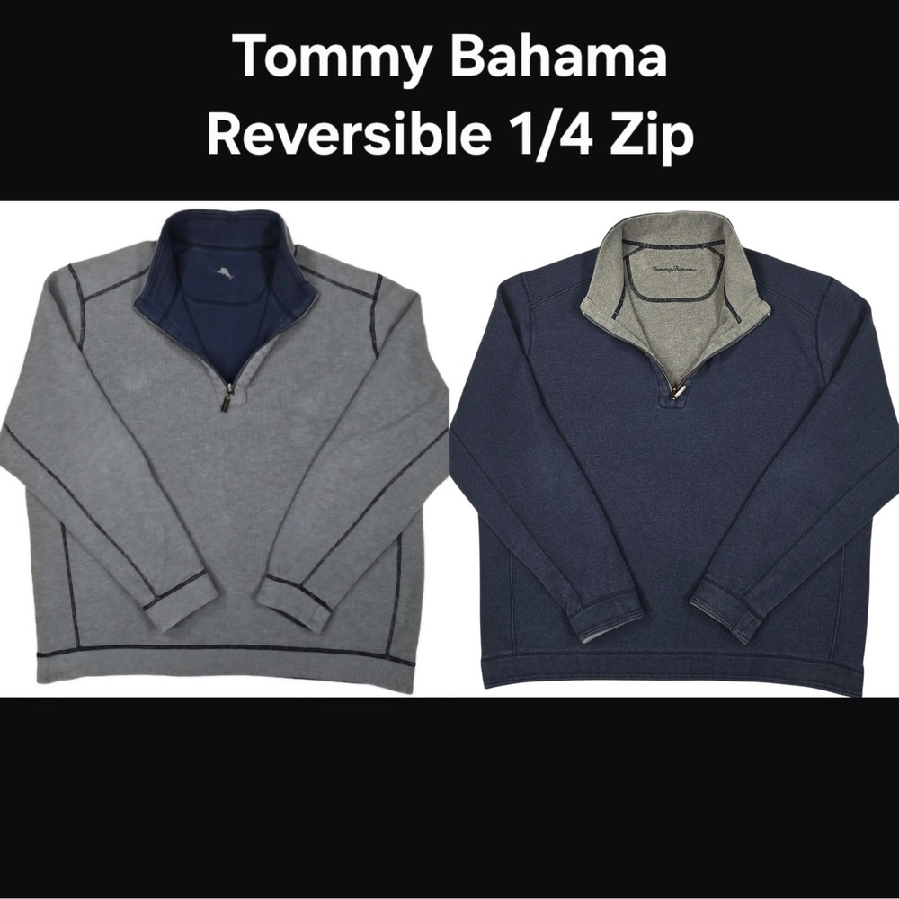 Tommy Bahama Men's Reversible 1/4 Zip Pullover Gray Blue Sweatshirt XXL
